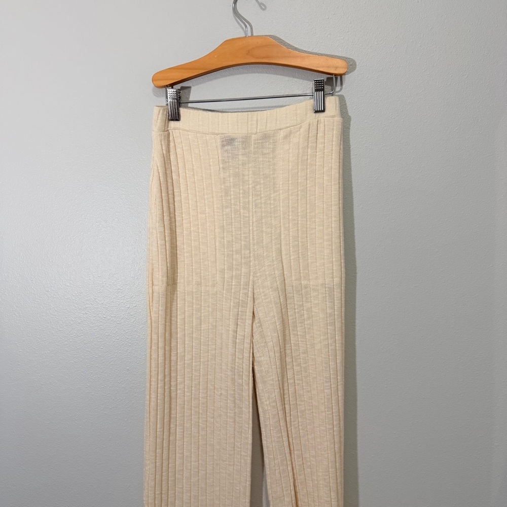 Free People Beach Pants Womens XS Oatmeal Yellow Pockets Flare Ribbed High Waist